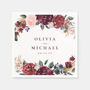 Serviette En Papier Mariage boho rustique bordeaux aquarelle
