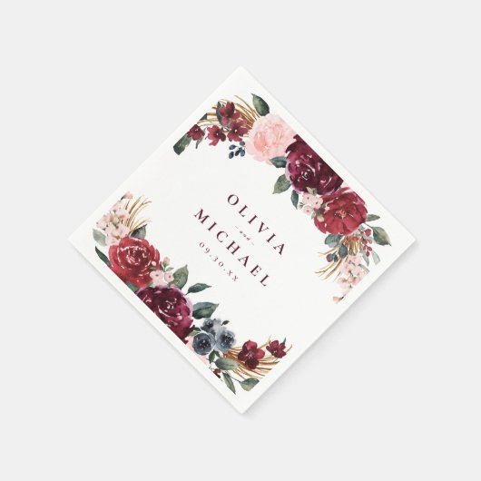 Serviette En Papier Mariage boho rustique bordeaux aquarelle (Coin)