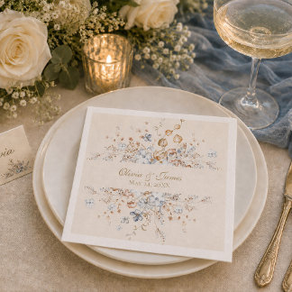 Serviette en papier mariage botanique bleu poussié