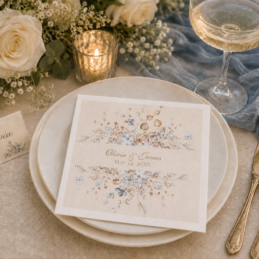 Serviette en papier mariage botanique bleu poussié