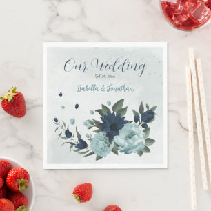 Serviette En Papier Mariage botanique fleurs bleu poussiéreux et marin