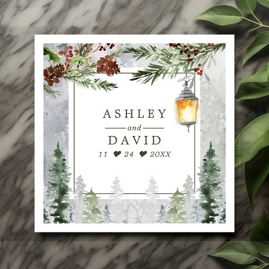 Serviette En Papier Mariage Botanique Lanterne Arbres Résineux Rustiqu