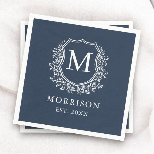 Serviette En Papier Mariage botanique Monogram Navy Blue Crest
