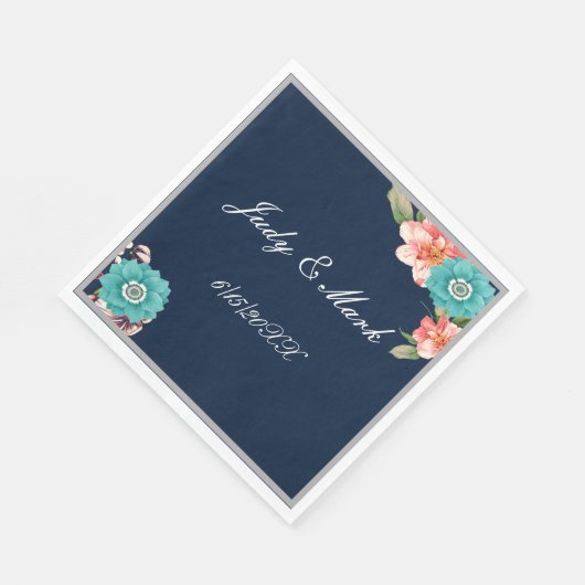 Serviette En Papier Mariage Botanique Romantique Bleu Et Rose (Coin)