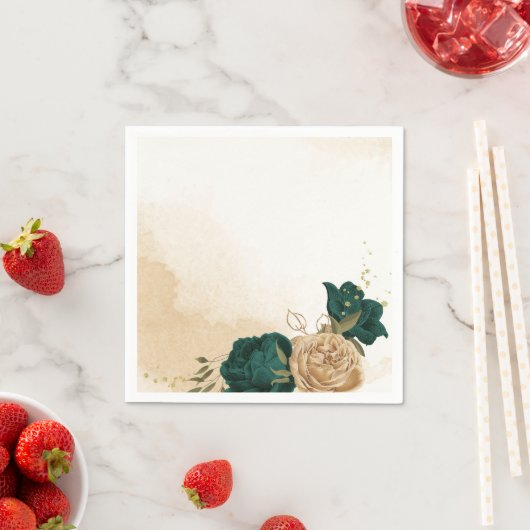 Serviette En Papier Mariage botanique vert émeraude beige or (En situation)