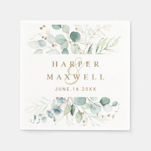 Serviette En Papier Mariage botanique vert et or