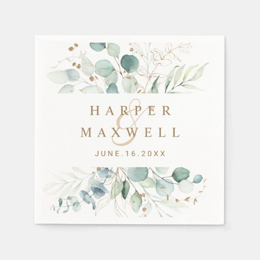 Serviette En Papier Mariage botanique vert et or (Devant)