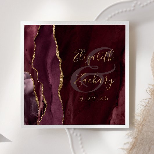 Serviette En Papier Mariage Bourgogne Or Script Géode Agate