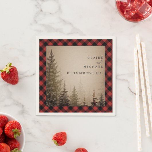 Serviette En Papier Mariage Buffalo Plaid Arbres À feuillage persistan (En situation)