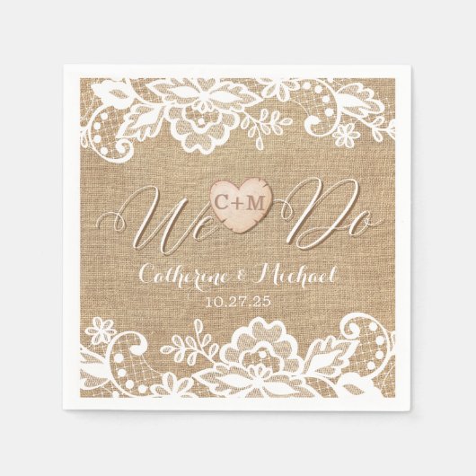 Serviette En Papier Mariage campagnard Rustique Burlap Et Dentelle (Devant)