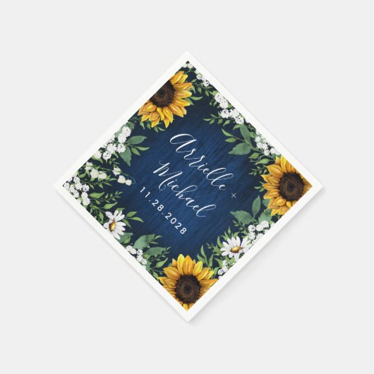 Serviette En Papier Mariage campagnard rustique de tournesol bleu mari (Coin)
