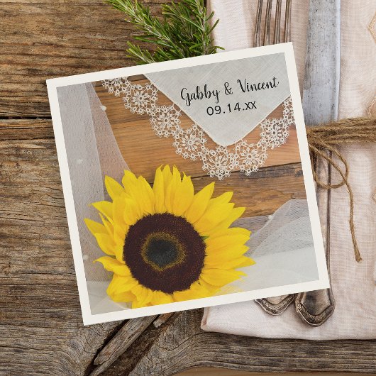 Serviette En Papier Mariage campagnard rustique de tournesol et dentel