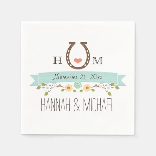 Serviette En Papier Mariage cardiaque Monogrammed Aqua Blue Horseshoe (Devant)