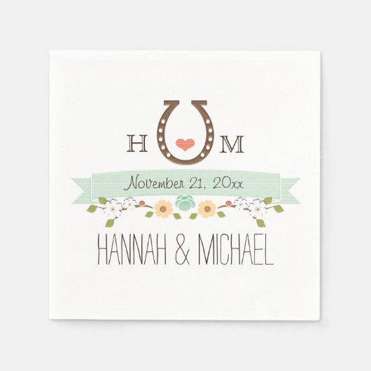 Serviette En Papier Mariage cardiaque Monogrammed Mint Green Horseshoe (Devant)