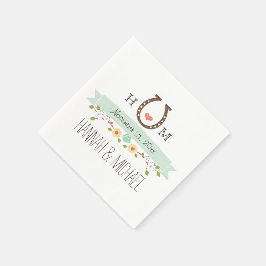 Serviette En Papier Mariage cardiaque Monogrammed Mint Green Horseshoe (Coin)