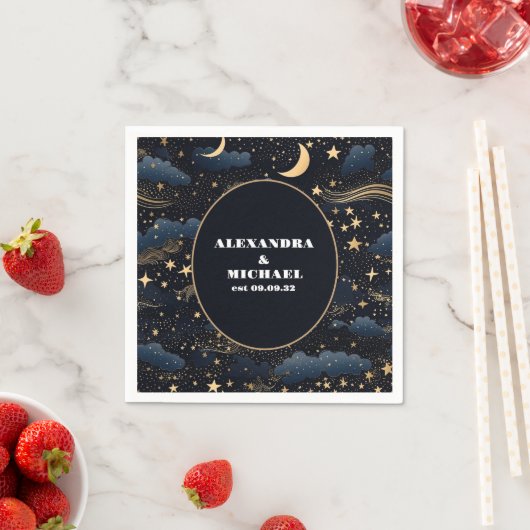 Serviette En Papier Mariage céleste de minuit bleu étoiles de lune (En situation)