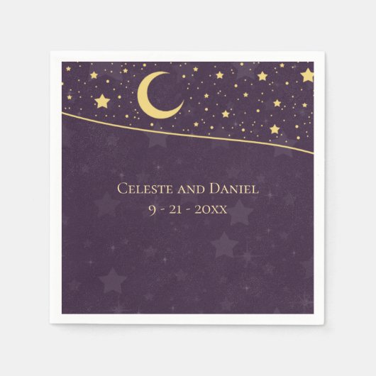 Serviette En Papier Mariage céleste Profonde Violet Étoiles et Lune (Devant)