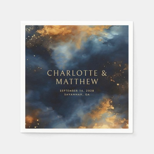 Serviette En Papier Mariage Celestial Abstrait Blue Golden Names (Devant)