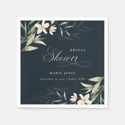 Serviette En Papier Mariage Champêtre Blanc et Vert Foncé Fleurs (Devant)