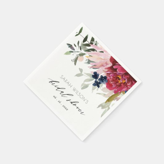 Serviette En Papier Mariage Champêtre Fleurs Bleues et Roses Bourgogne (Coin)