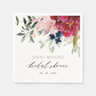 Serviette En Papier Mariage Champêtre Fleurs Bleues Rouge Bourgogne