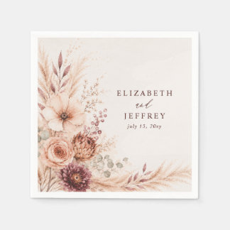 Serviette En Papier Mariage Champêtre Floral Automnal Bourgogne Pampas