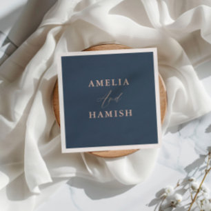 Serviette En Papier Mariage Chic Bleu foncé et Feuillage Or Rose