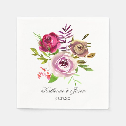 Serviette En Papier Mariage chic Fuchsia rose floral romantique jardin (Devant)