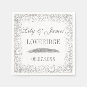 Serviette En Papier Mariage Chic Glam Blanc et Gris Paillettes Argenté