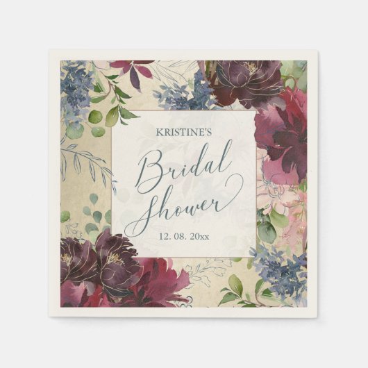 Serviette En Papier Mariage Chic Marsala Floral Aquarelle Or (Devant)