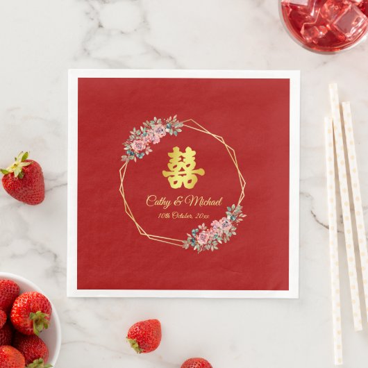 Serviette En Papier Mariage chinois de couronnes géométriques en or ro (En situation)