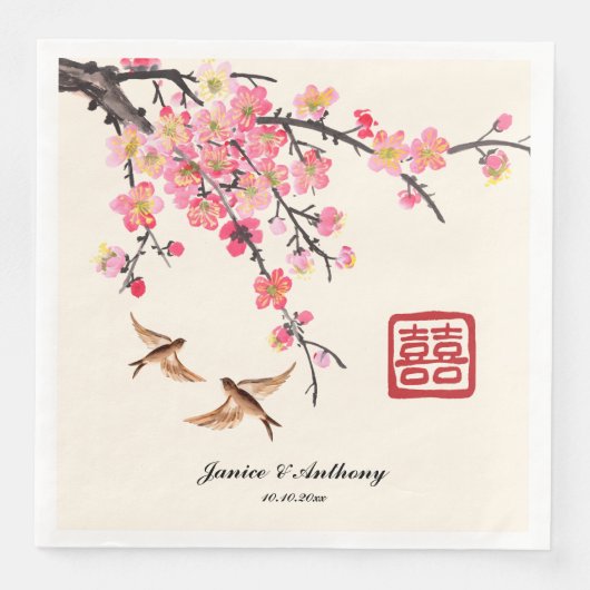 Serviette En Papier Mariage chinois d'encre peignant fleurs et oiseaux (Devant)