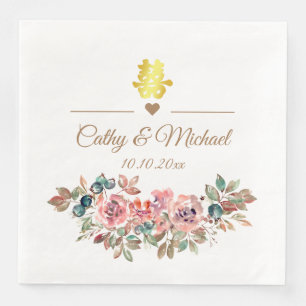 Serviette En Papier Mariage chinois élégant rustique rose poudré flora