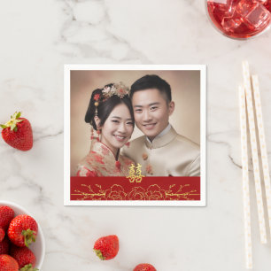 Serviette En Papier Mariage chinois floral or rouge photo double xi