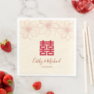 Serviette En Papier Mariage chinois floral rouge et beige Bohème
