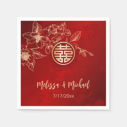 Serviette En Papier Mariage chinois Magnolia Red Gold (Devant)