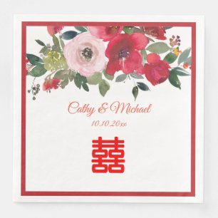 Serviette En Papier Mariage chinois moderne floral aquarelle rose roug