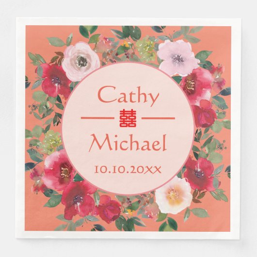 Serviette En Papier Mariage chinois moderne orangé cercle fleuri (Devant)