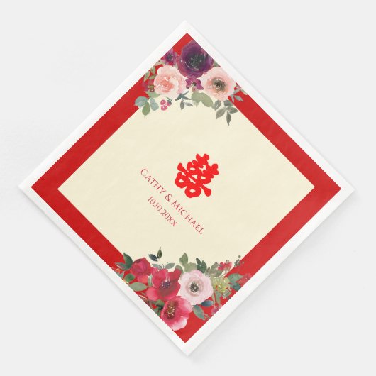 Serviette En Papier Mariage chinois rouge jardin fleuri double bonheur (Coin)