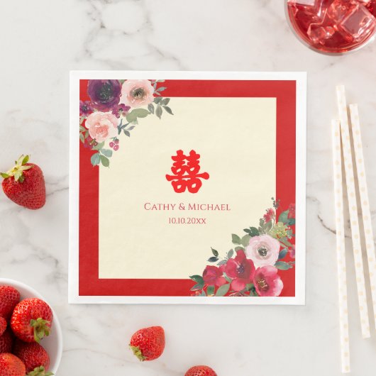 Serviette En Papier Mariage chinois rouge jardin fleuri double bonheur (En situation)
