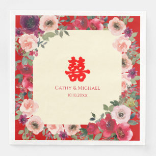 Serviette En Papier mariage chinois rouge jardin floral double bonheur