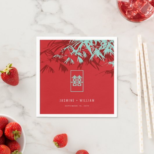 Serviette En Papier Mariage chinois Turquoise Bambou Feuille Double Xi (En situation)