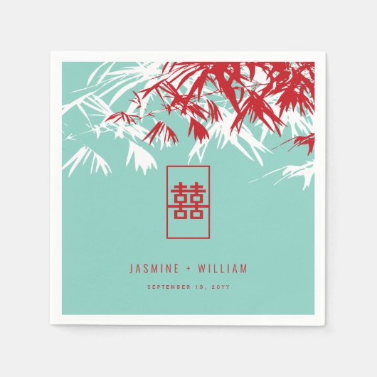 Serviette En Papier Mariage chinois Turquoise Bambou Feuille Double Xi (Devant)