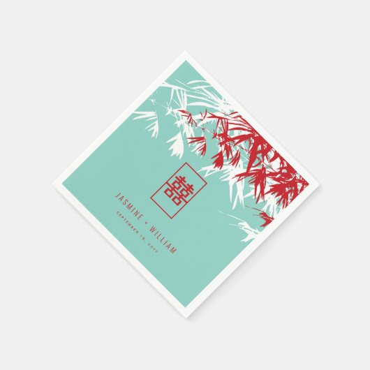 Serviette En Papier Mariage chinois Turquoise Bambou Feuille Double Xi (Coin)