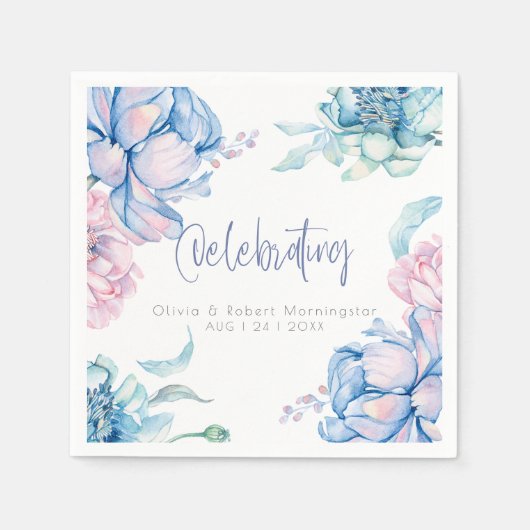 Serviette En Papier Mariage | Ciel Bleu et Bubblegum Pink Peonies (Devant)
