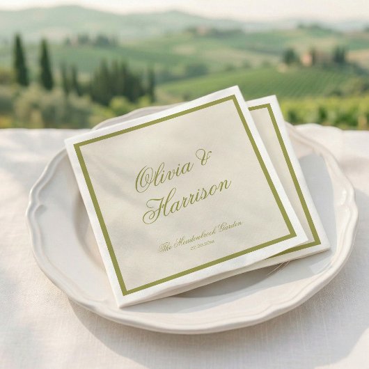 Serviette En Papier Mariage Classique Calligraphie Vert Olive