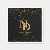 Serviette En Papier Mariage Confetti en or noir glam | Monogramme chic (Devant)