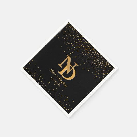 Serviette En Papier Mariage Confetti en or noir glam | Monogramme chic (Coin)