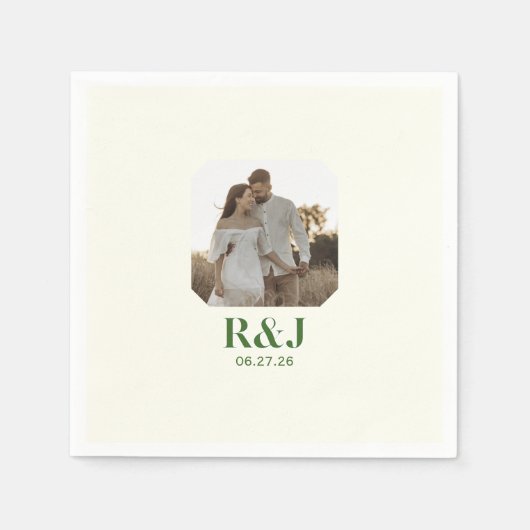 Serviette En Papier Mariage Couple Ajouter Photo Vert Monogramme (Devant)