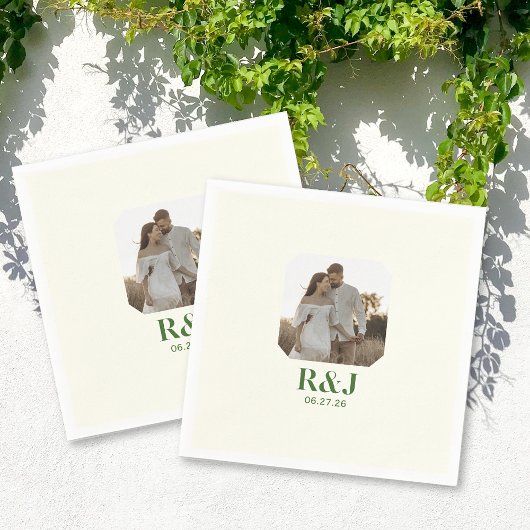 Serviette En Papier Mariage Couple Ajouter Photo Vert Monogramme
